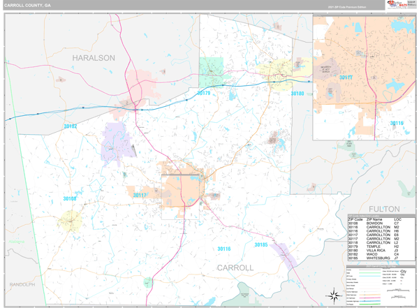 carroll-county-ga-zip-code-wall-map-premium-style-by-marketmaps