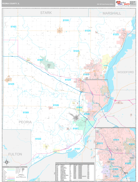 Peoria County, IL Zip Code Wall Map Premium Style by MarketMAPS