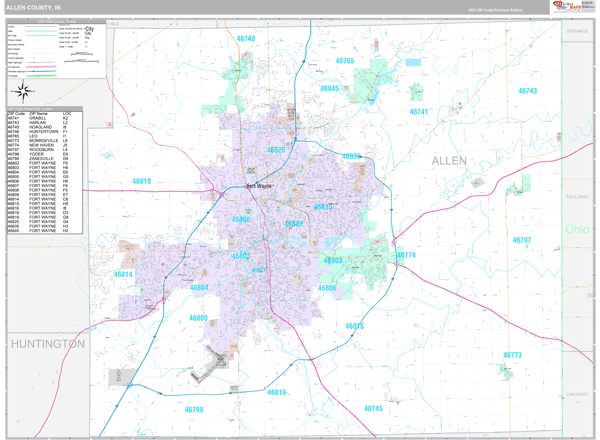 Allen County, IN Wall Map Premium Style by MarketMAPS