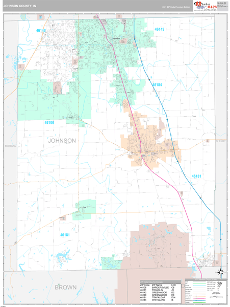Johnson County, IN Wall Map Premium Style by MarketMAPS