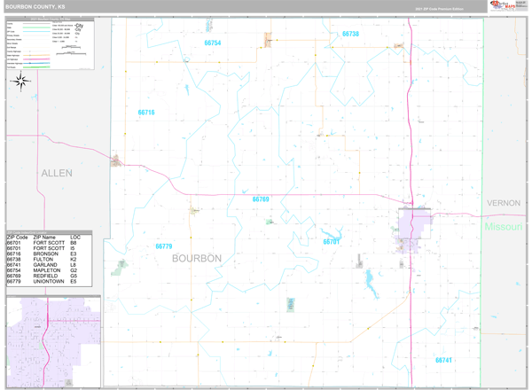 Bourbon County, KS Wall Map Premium Style by MarketMAPS