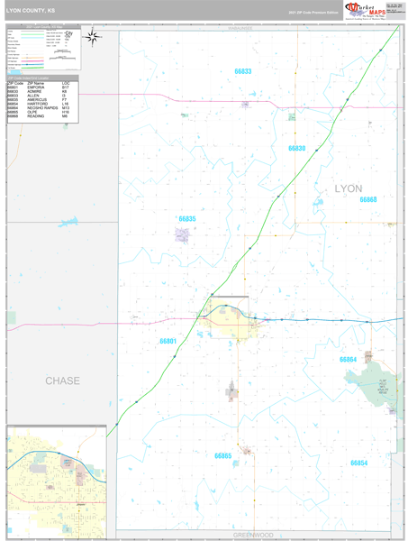 Lyon County, KS Wall Map Premium Style by MarketMAPS