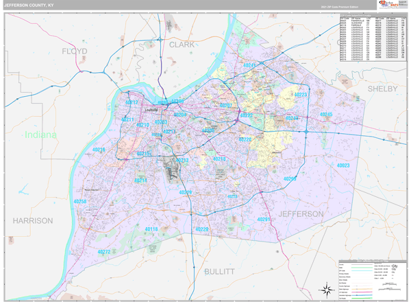 Jefferson County, KY Wall Map Premium Style by MarketMAPS