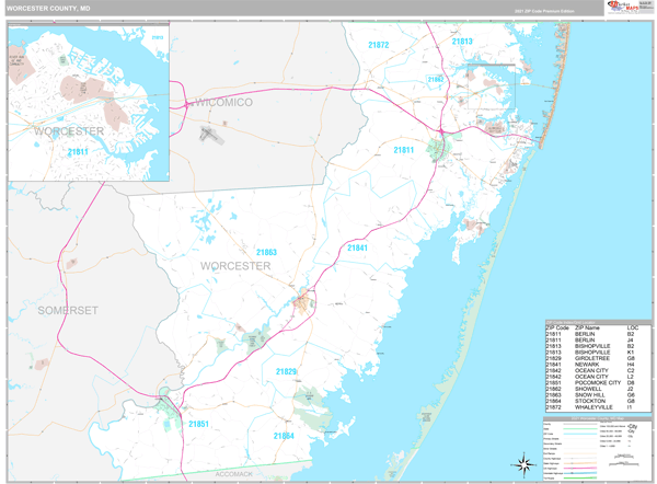 Worcester County, MD Zip Code Wall Map Premium Style by MarketMAPS