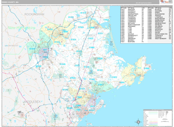 Essex County, MA Wall Map Premium Style by MarketMAPS