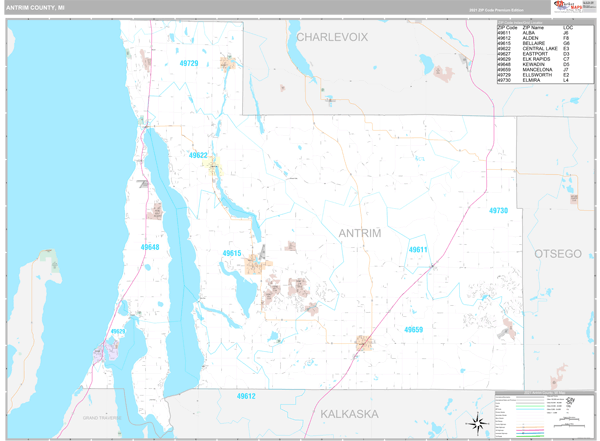 Antrim County, MI Zip Code Wall Map Premium Style by MarketMAPS