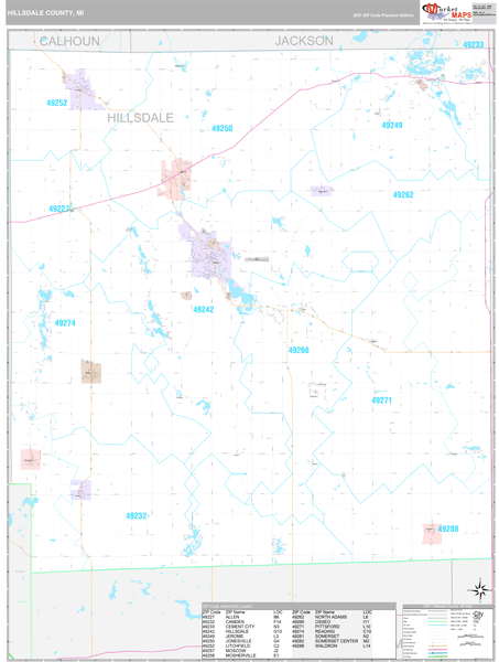 Hillsdale County, MI Zip Code Wall Map Premium Style by MarketMAPS