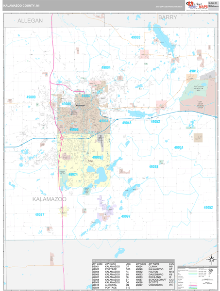 Kalamazoo County, MI Wall Map Premium Style by MarketMAPS