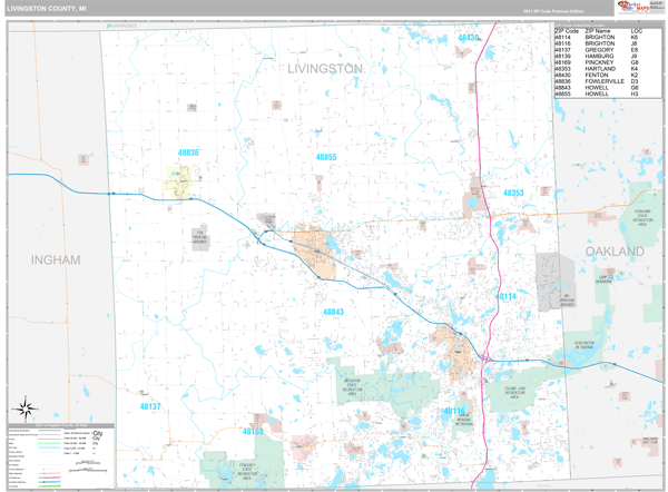 Livingston County MI Wall Map Premium Style by MarketMAPS