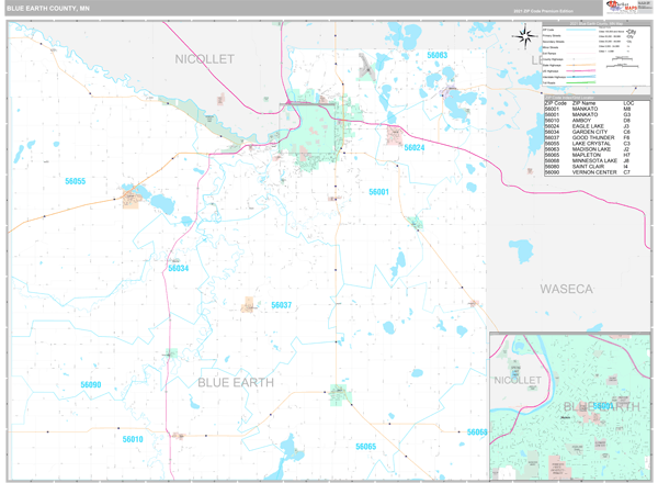 Blue Earth County, MN Zip Code Wall Map Premium Style by MarketMAPS