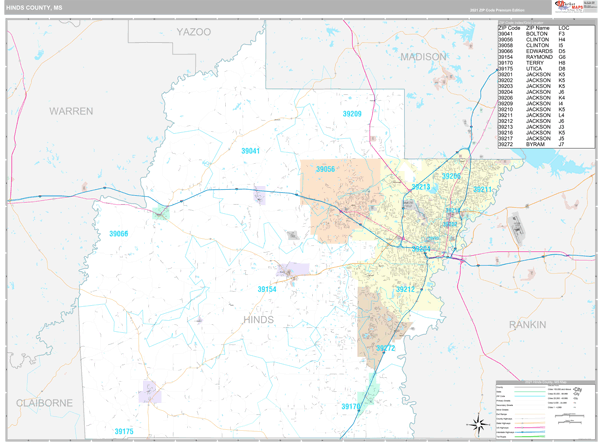 Hinds County, MS Wall Map Premium Style by MarketMAPS