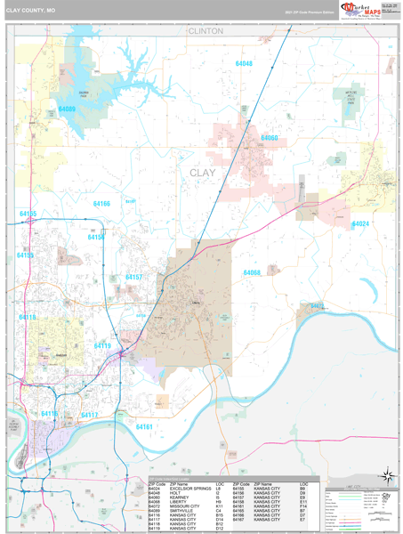 Clay County, MO Zip Code Wall Map Premium Style by MarketMAPS