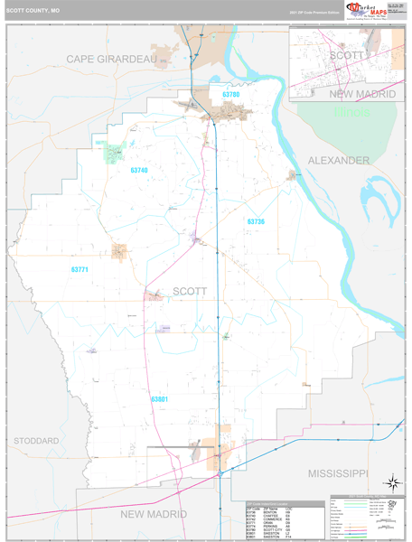 Scott County, MO Zip Code Wall Map Premium Style by MarketMAPS