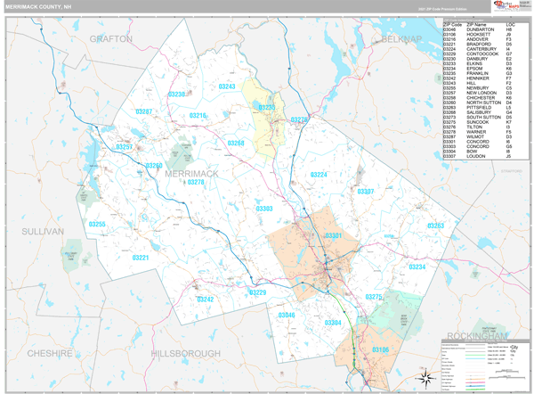 Merrimack County, NH Zip Code Wall Map Premium Style by MarketMAPS