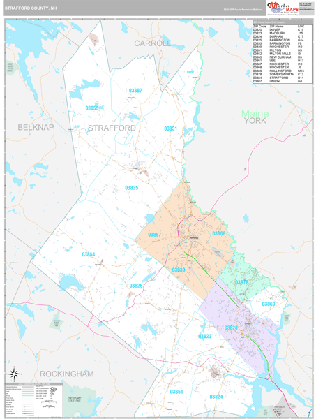 Strafford County, NH Zip Code Wall Map Premium Style by MarketMAPS