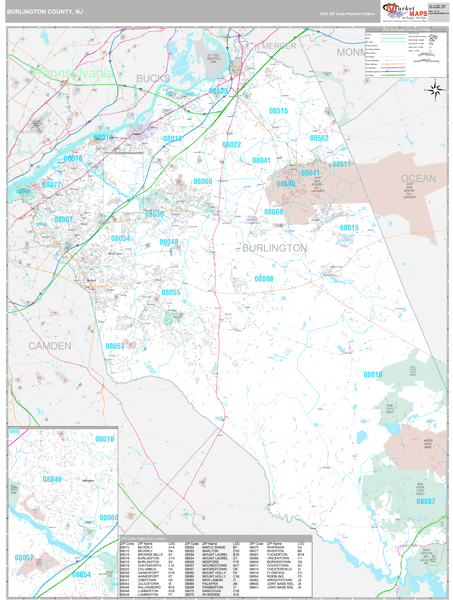 Burlington County, NJ Zip Code Wall Map Premium Style by MarketMAPS