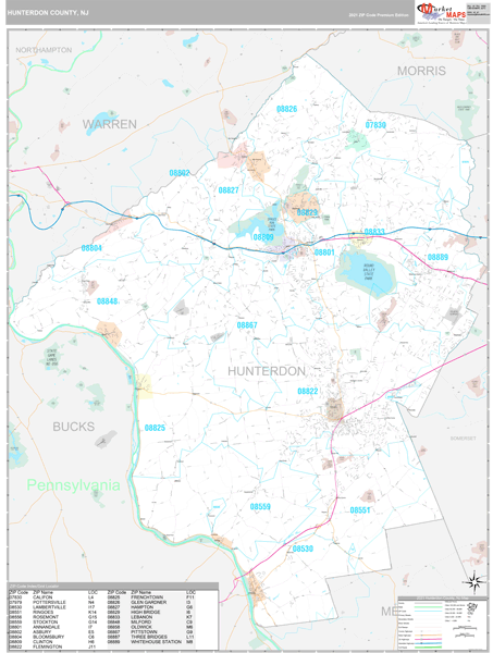 Hunterdon County, NJ Zip Code Wall Map Premium Style by MarketMAPS