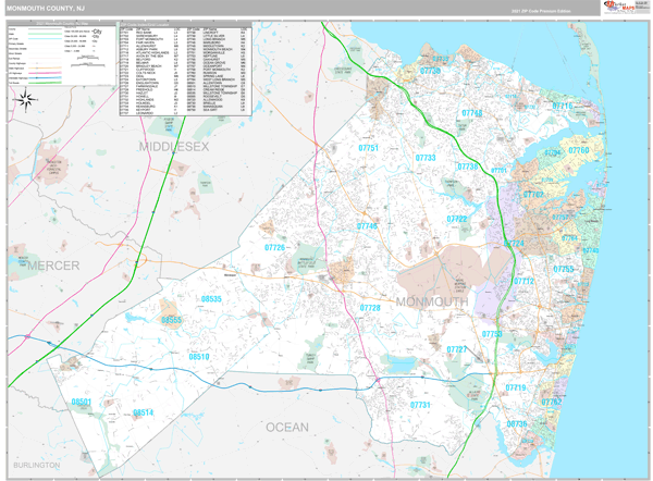 Monmouth County, NJ Wall Map Premium Style by MarketMAPS