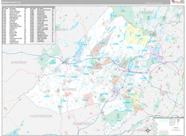 Morris County Nj Zip Code Wall Map Premium Style By Marketmaps 7664