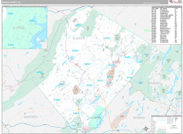 Sussex County, NJ Wall Map Premium Style by MarketMAPS