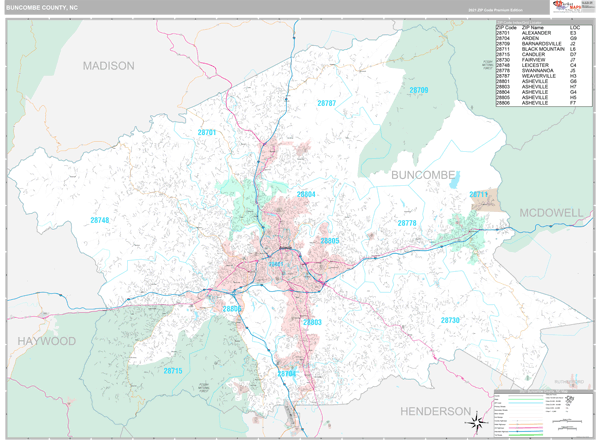 Buncombe County, NC Zip Code Wall Map Premium Style by MarketMAPS