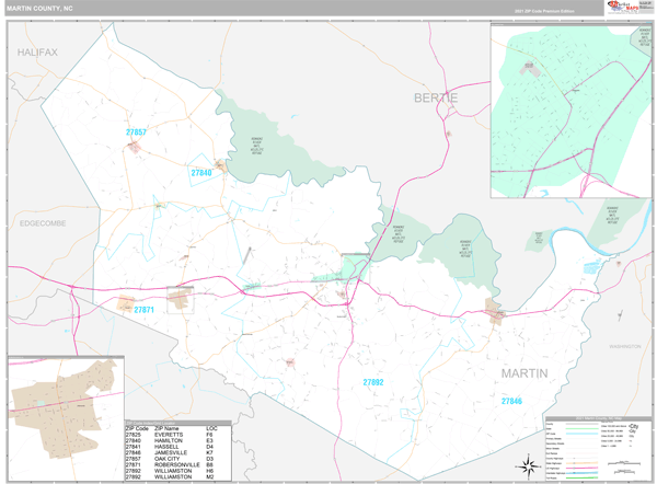 Martin County, NC Zip Code Wall Map Premium Style by MarketMAPS