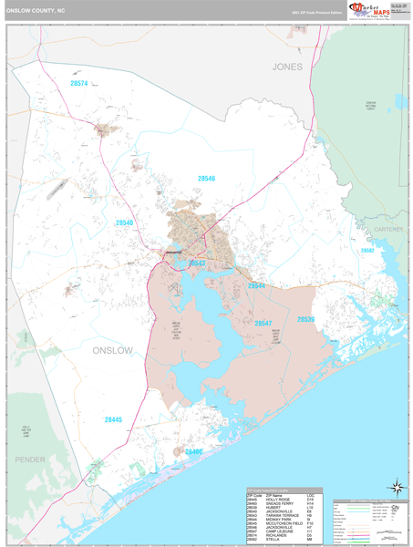 Onslow County, NC Wall Map Premium Style by MarketMAPS