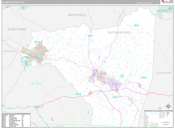 Rutherford County, NC Wall Map Premium Style by MarketMAPS