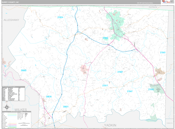 Surry County, NC Zip Code Wall Map Premium Style by MarketMAPS