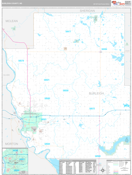 Burleigh County, ND Wall Map Premium Style by MarketMAPS