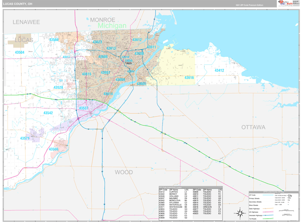 Lucas County, OH Zip Code Wall Map Premium Style by MarketMAPS