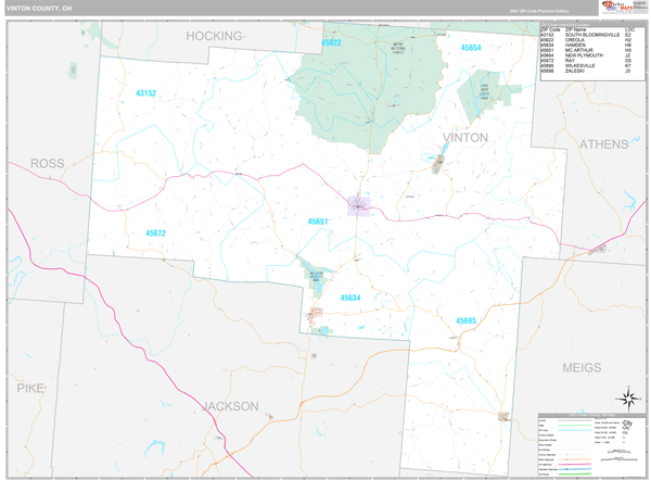 Vinton County, OH Zip Code Wall Map Premium Style by MarketMAPS