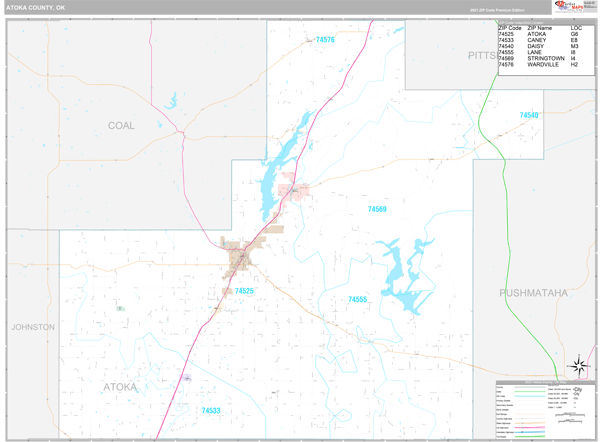 Atoka County, OK Zip Code Wall Map Premium Style by MarketMAPS