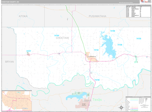 Choctaw County, OK Zip Code Wall Map Premium Style by MarketMAPS