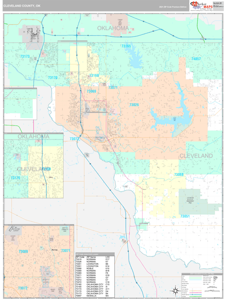 Cleveland County, OK Zip Code Wall Map Premium Style by MarketMAPS