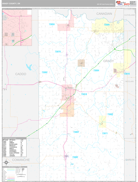 Grady County, OK Wall Map Premium Style by MarketMAPS