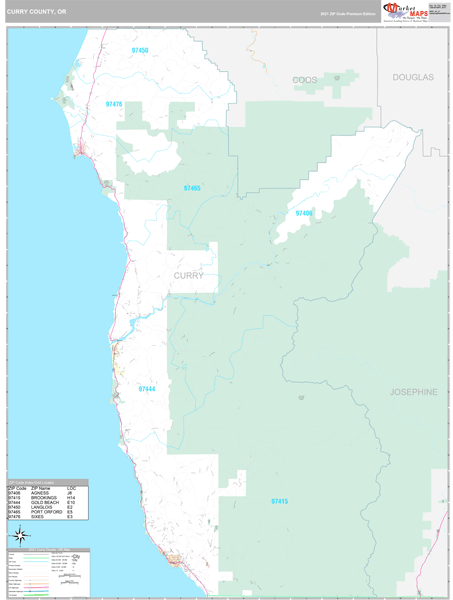 Curry County, OR Zip Code Wall Map Premium Style by MarketMAPS