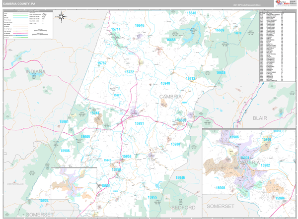 Cambria County Gis Map Cambria County Pa Wall Map Premium Style By Marketmaps Mapsales