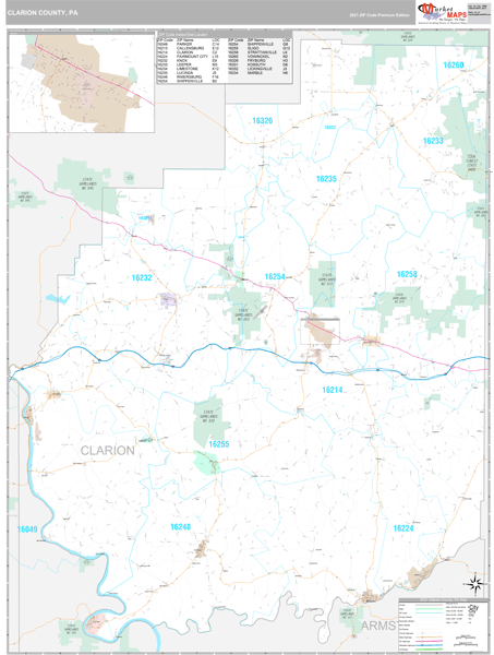 Clarion County, PA Zip Code Wall Map Premium Style by MarketMAPS