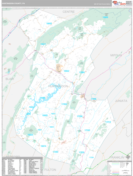 Huntingdon County, PA Wall Map Premium Style by MarketMAPS