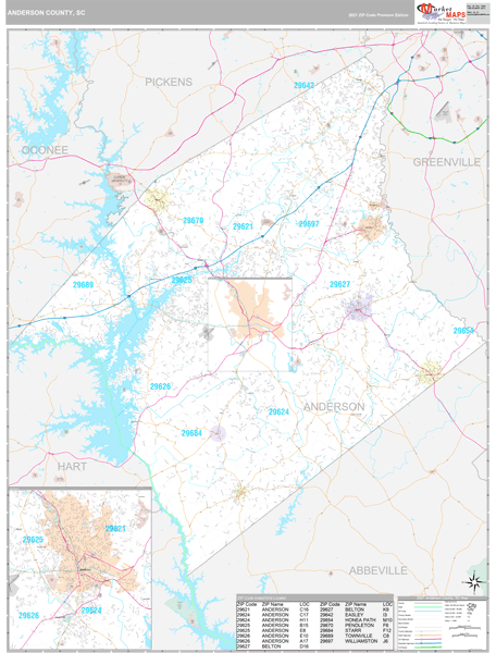 Anderson County, SC Wall Map Premium Style by MarketMAPS