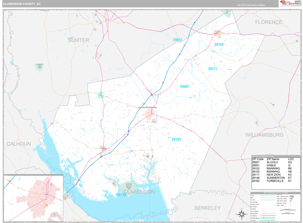 Clarendon County, SC Wall Map Premium Style by MarketMAPS