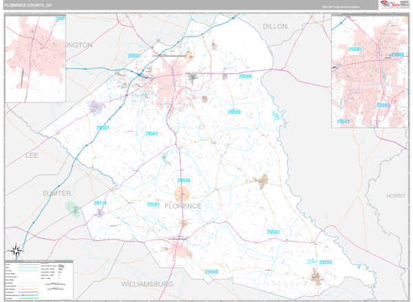 Florence County, SC Wall Map Premium Style by MarketMAPS