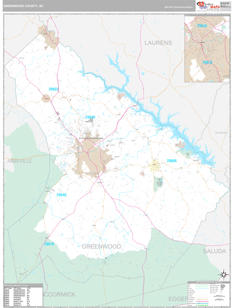 Greenwood County, SC Wall Map Premium Style by MarketMAPS