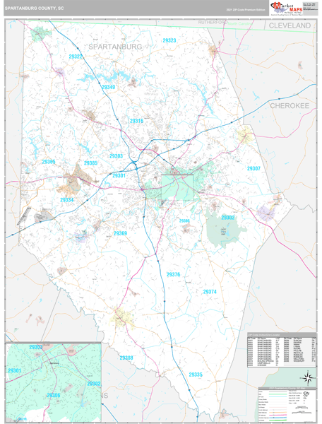 Spartanburg County, SC Zip Code Wall Map Premium Style by MarketMAPS