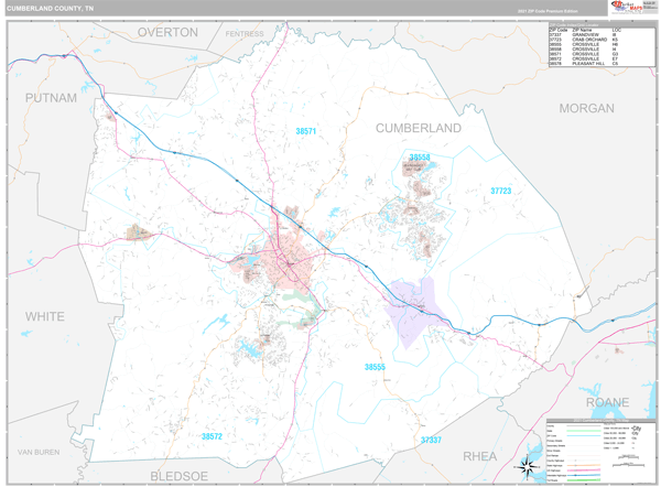 Cumberland County, TN Zip Code Wall Map Premium Style by MarketMAPS