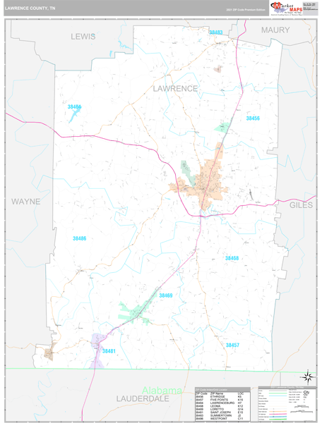 Lawrence County, TN Wall Map Premium Style by MarketMAPS