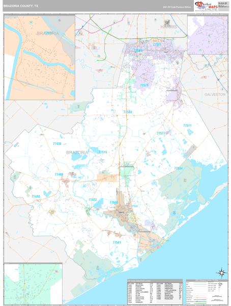 Brazoria County, TX Zip Code Wall Map Premium Style by MarketMAPS