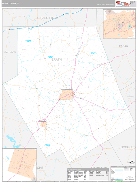 Erath County, TX Zip Code Wall Map Premium Style by MarketMAPS