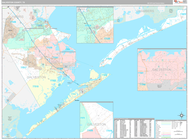 Galveston County, TX Wall Map Premium Style by MarketMAPS